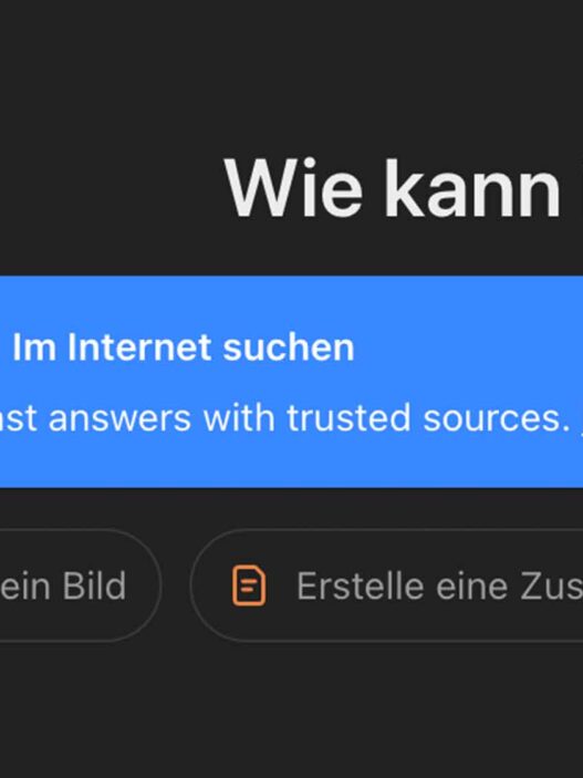 Screenshot der neuen Funktion ‘Im Internet suchen’ bei ChatGPT. Die Funktion wird mit einem blauen Hinweis hervorgehoben und ermöglicht schnelle Antworten aus vertrauenswürdigen Quellen.